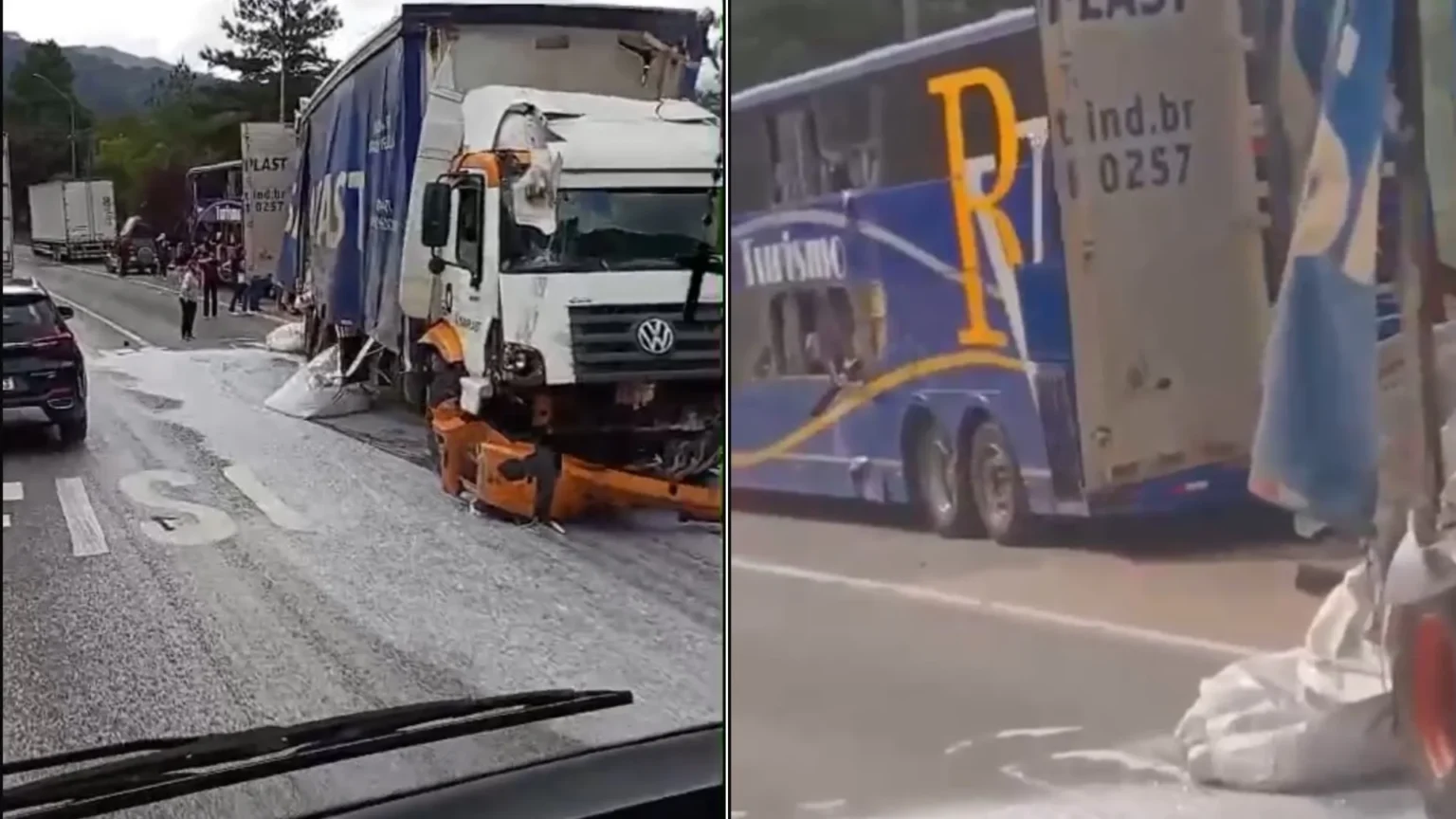 Acidente entre ônibus e caminhão deixa dois feridos na divisa entre SC e PR Acidente entre ônibus e caminhão deixa dois feridos na divisa entre SC e PR